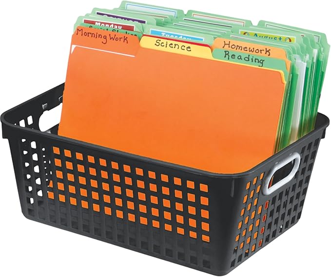 Really Good Stuff - 160016BK Multi-Purpose Plastic Storage Baskets for Classroom or Home Use - Stackable Mesh Plastic Baskets with Grip Handles 13" x 10" (Black - Set of 12)