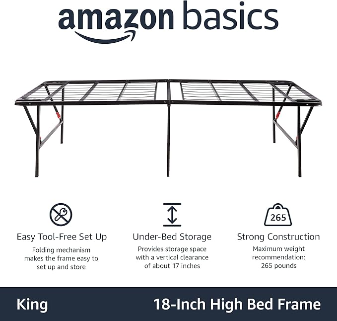 Amazon Basics Bed Frame with Storage, Foldable Metal Platform, Sturdy Steel, No Box Spring Needed, 18 Inches High, Tool-Free Setup, King Size, Black