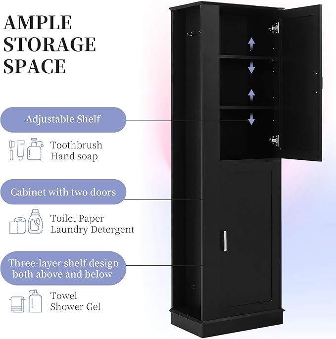 Tall Freestanding Storage Cabinet, Multi-Purpose Floor Organizer with 2 Doors, Hook and Adjustable Shelf for Bathroom, Office, Black