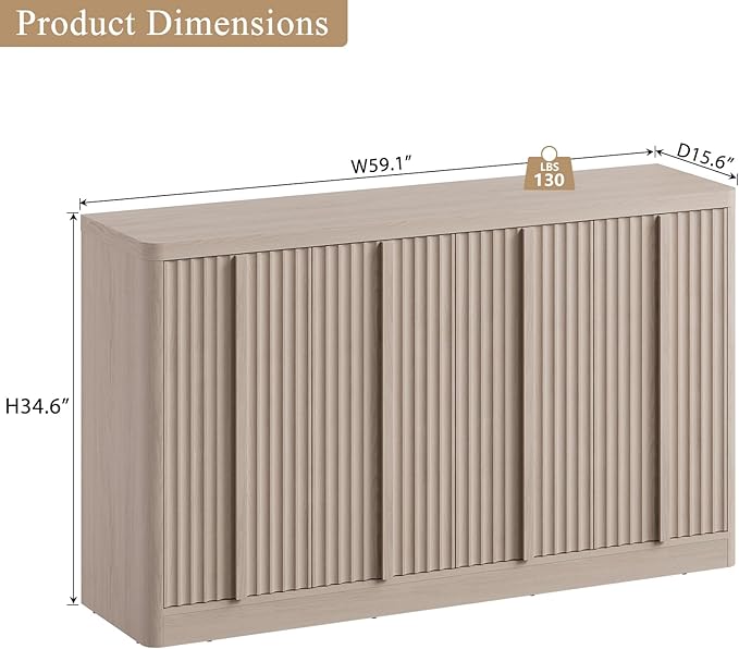 Fluted Buffet Cabinet with Storage, 120" Sideboard Buffet Cabinet with 8 Door-Modern Credenza Storage Cabinets with Adjustable Shelves, Solid Wood Handles for Kitchen, Living Room, White Alder(2PC)