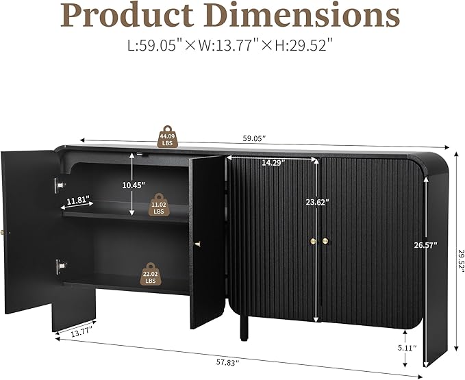 Fluted Sideboard Buffet Cabinet with Storage, 59'' Curved Buffet Cabinet with 4 Doors & Shleves, Modern Credenza Wood Coffee Bar Table Console for Dining Room Kitchen Living Room Entryway, Black