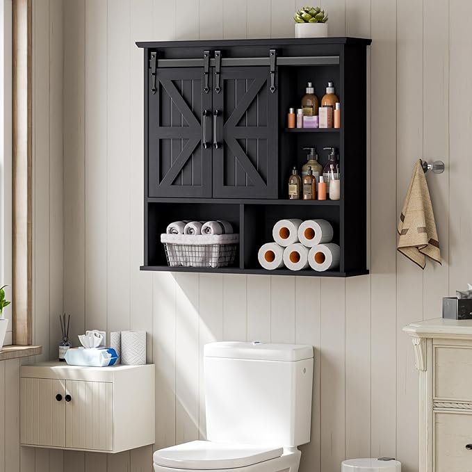 Vabches Bathroom Wall Cabinet, Farmhouse Medicine Cabinet with Double Sliding Barn Door and Adjustable Shelves, Wooden Vintage Storage Cabinet Wall Mounted for Bathroom, Kitchen Dining, Black