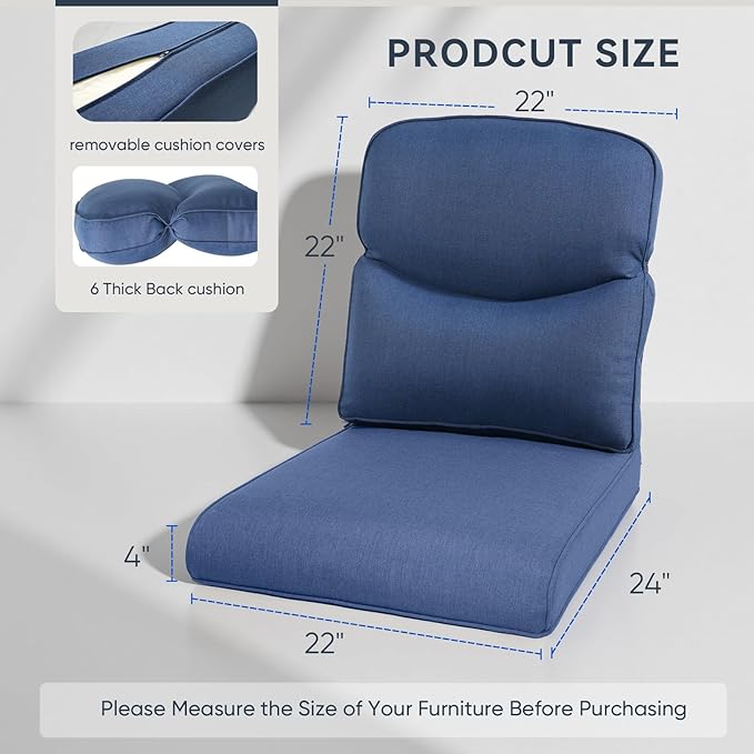 Outdoor Rattan Chair Cushions 2 Packs - Outside High Back Comfortable Thickened Pillow 22x24 with Zipper Cover for Patio Rocking Swivel Chairs Loveseat Sofa – Blue/Crescent