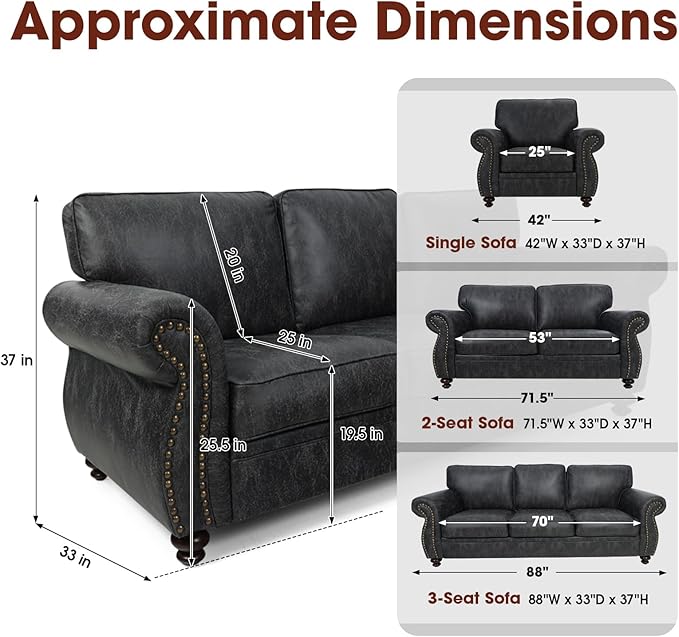 Living Room Furniture Sets,Sofa Sets and Couch Sets for Living Room,Mid-Century Vintage Sofa Couches with Rivet Design (Grey, Single+Loveseat+3 Seater)