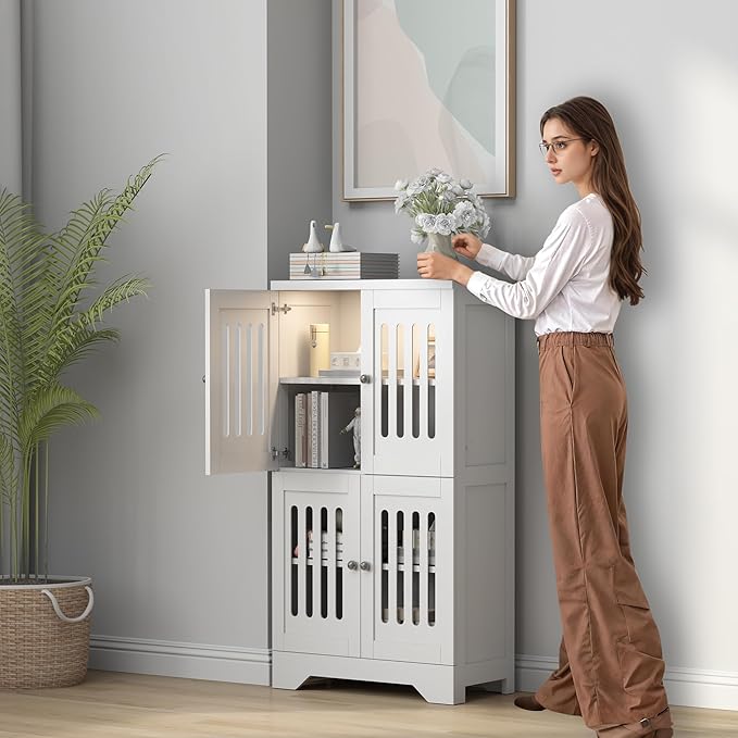 PARTPHONER Bathroom Floor Storage Cabinet with Cabinet Lights, Modern Storage Cabinet with 4 Doors and Adjustable Shelves, Buffer Hinges, White Pantry Cabinet for Living Room & Kitchen