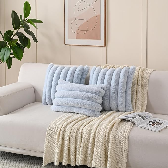 FUTEI Light Blue Decorative Throw Pillow Covers 24x24 Inch Set of 2, Square Soft Faux Rabbit Fur Thick Striped European Cushion Covers,Winter Home Decor for Couch Bed Living Room