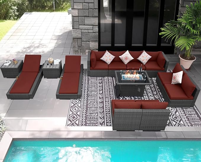 NICESOUL 13 Piece Outdoor Furniture with Fire Pit, Luxurious Wicker Patio Conversation Sets with Lounger, Sturdy 500 Lbs Heavy Duty 10-Person Deep Wide Outdoor Couch Set for Deck, Lawn, Grey&Burgundy