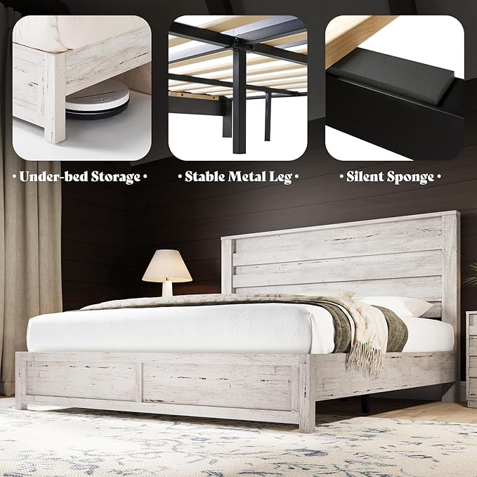 AMERLIFE Farmhouse King Size Bed Frame with 49" Fluted Headboard, Wood Platform Bed with Natural Wood Grain, No Box Spring Needed/Noise Free, Distressed White