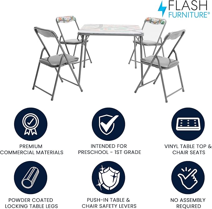 Flash Furniture Mindy Kids 5-Piece Folding Square Table and Chairs Set for Daycare and Classrooms, Children's Activity Table and Chairs Set, Printed
