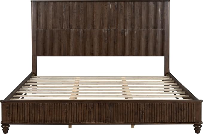 King Size Solid Wood Platform Bed Frame, Solid Wood Bed with 79.13" Headboard, Solid Wood Leg/No Box Spring Needed/Noise Free/Brown