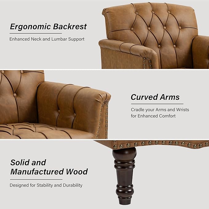 Faux Leather Accent Chair, PU Leather Modern Comfy Upholstered Armchair with Wood Legs & Nailhead Trim for Living Room, Bedroom (Camel,Set of 2)