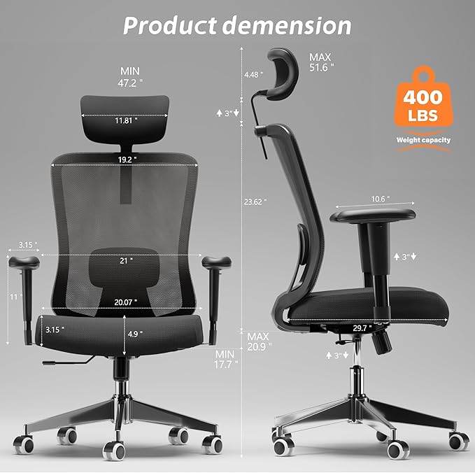 Ergonomic Office Chair, Mesh Desk Chair with Adjustable Headrest and 2D Armrest，Computer Chairs with Lumbar Support, Big and Tall Office Chair 400lbs, Large (01black)