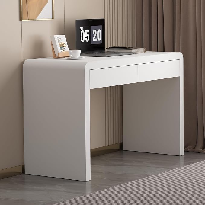 47-Inch Office Desk with Pull-Out Outlet, Computer Desk with 2 Sturdy Drawers, Writing/Gaming/Work/Study Desk for Bedroom, Living Room & Home Office, Brow (White, 47.2)