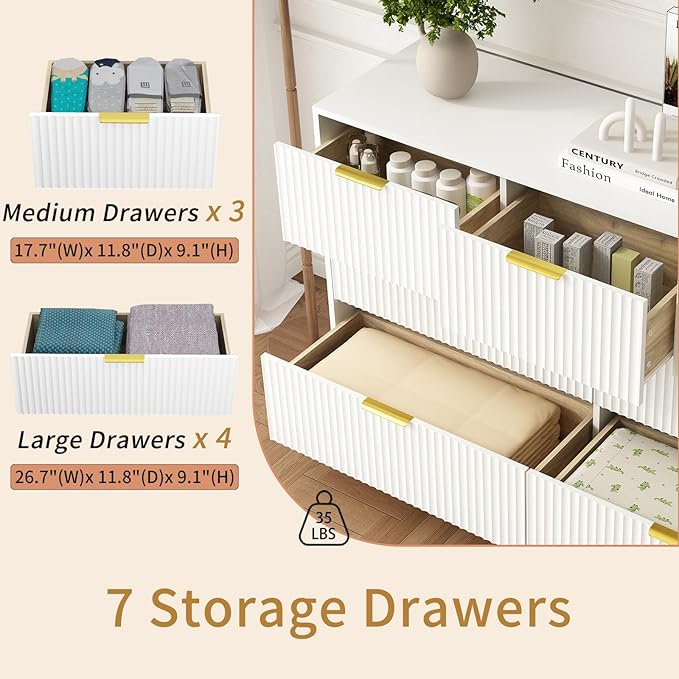 7 Drawers Dresser for Bedroom,55" Wide Fluted Dresser with Deep Drawers, Modern Chest of Drawers, Wood TV Stand Storage Organizer for Closet, Living Room, Hallway, White