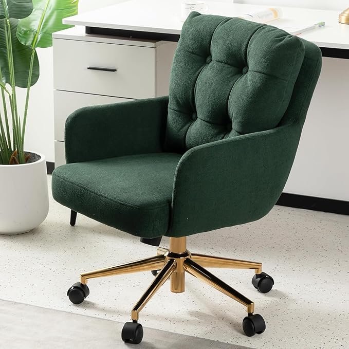 Plush Fabric Office Chair, Comfy Home Office Desk Chairs with Lumbar Support, Modern Plush Fabric Desk Chair Gold Legs Swivel Task Chair for Home Office, Bedroom, Study, Green Upgraded Version