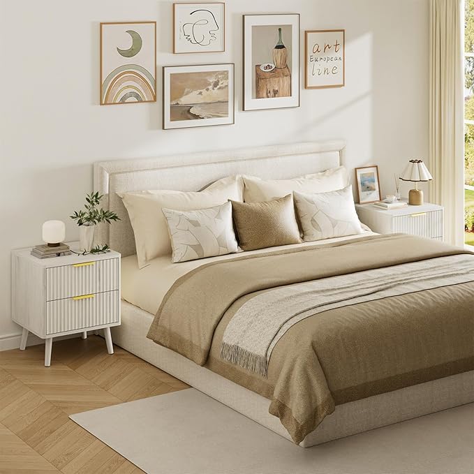 LYNSOM Fluted Dresser and Nightstand Set, 3 Pieces Bedroom Set, 55 Inch Wide 6-Drawer Dresser & 2-Drawer Nightstands Set of 2, Modern Dressers Set for Bedroom, Hallway, White