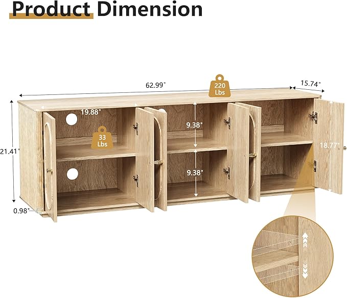 63'' Fluted Sideboard Buffet Cabinet with Storage and 6 Doors, Low Storage Cabinet Modern Wooden Accent Credenza Console Table for Kitchen Dining Living Room Entryway, (63"W*15.75"D*21.4"H) Natural