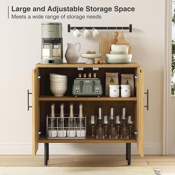 Modern Fluted Natural Storage Cabinet with 2 Doors, Adjustable Shelves, and Metal Legs, Accent Buffet Sideboard for Living Room, Dining Room, Entryway (Natural & Black)