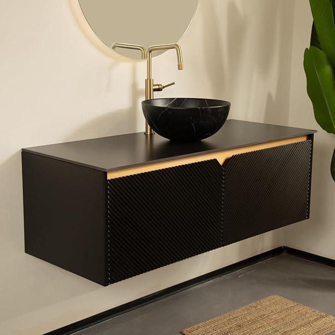 48 Inch Bathroom Vanity with Sink, Floating Fluted Vanity with Vessel Sink, Modern Wall Mounted Bathroom Vanity Cabinet with 2 Doors, Bowl Vessel Sink & Sintered Stone Top, Black