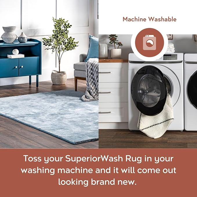 nuLOOM 4' Square Cozy Plush SuperiorWash Area Rug, Machine Washable, Non-Slip, Soft Fluffy Shag Carpet for Living Room Bedroom Kids Room Nursery Home Decor, Loni Light Blue