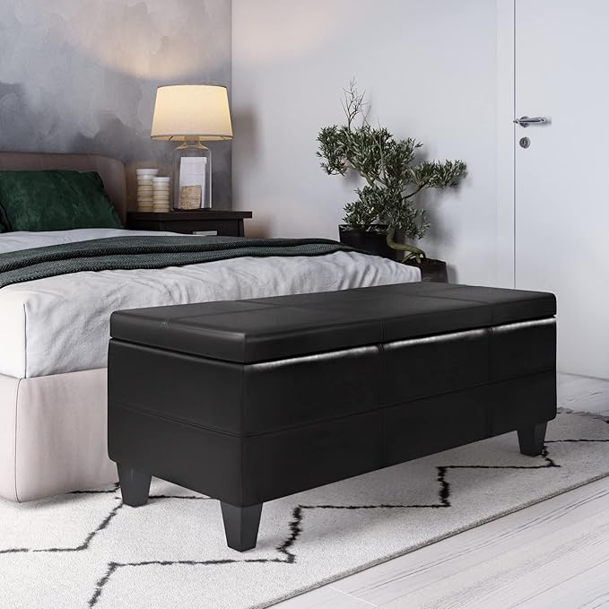 SIMPLIHOME Afton 48 inch Wide Contemporary Rectangle Storage Ottoman Bench in Midnight Black Vegan Faux Leather, Assembled, For the Living Room and Bedroom