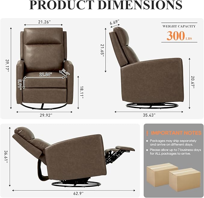 COLAMY Swivel Rocking Recliner,Wide PU Leather Glider Sofa Chair with Ergonomic High Backrest for Living Room, Office, Bedroom（Warm Gray）