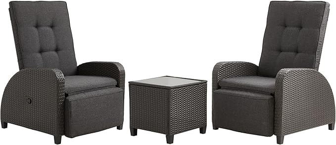 Green4ever 3-Peices Outdoor Patio Recliner with Independently Adjustable Backrest, All-Weather Wicker Patio Chair with Side Table, 160° Lay Flat Patio Reclining Lounge Chair for Backyard Garden, Grey