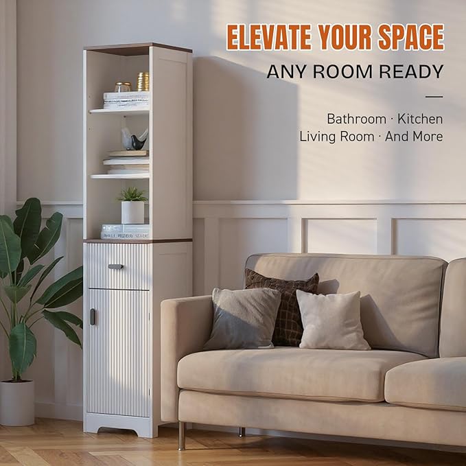 Tall Modern Bathroom Cabinet, 68.5" H Storage Cabinet with Fluted Wave Door, Drawer, Adjustable Shelves, Narrow Cabinet for Kitchen, Living Room, Entryway, White