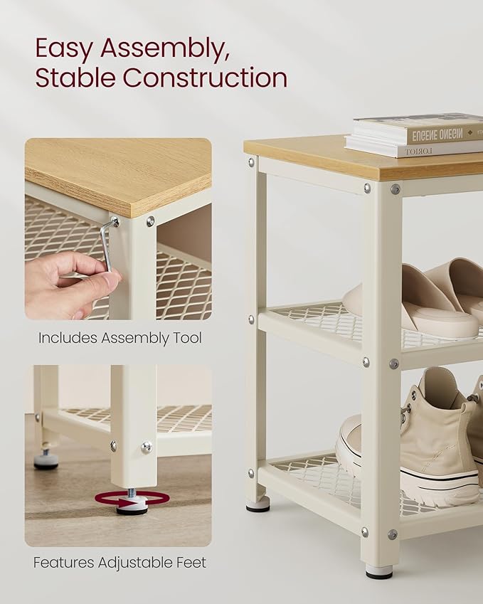 VASAGLE, 3-Tier Shoe Rack, Shelf Storage Bench with Metal Mesh Shelves and Seat, Free Standing Shoe Organizer for Entryway, 11.8 x 28.7 x 17.7 Inches, Oak Beige and Classic White ULBS073W09