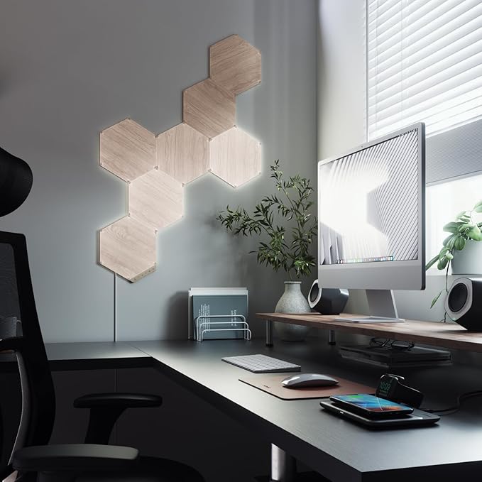 Nanoleaf Elements Wood Look Smart Wall Lights, Hexagon LED Wall Lights Work with Alexa Google Assistant, Home Wall Decor for Living Room with Music Sync, Ambient White 1500-4000K, Expansion 3 Panel