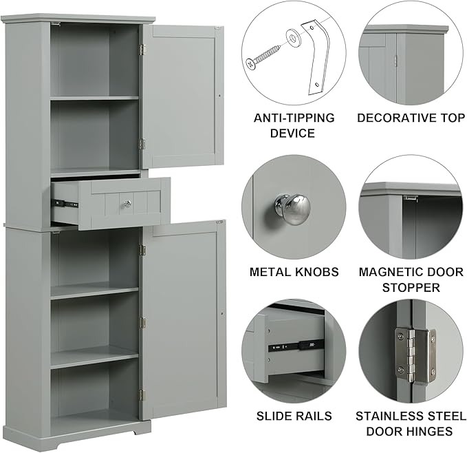 Tall Storage Cabinet, Bathroom Floor Freestanding Storage Cabinet with 2 Doors, One Drawer, and Adjustable Shelf for Bathroom, Office, Living Room, Grey