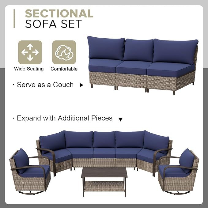 COOS BAY Aurora Terrace Half-Moon Outdoor Furniture Set, Rattan Conversation Set with Patio Chairs, Curved 5-Seat Sofa, Coffee Table, Seats 7, Beige/Blue