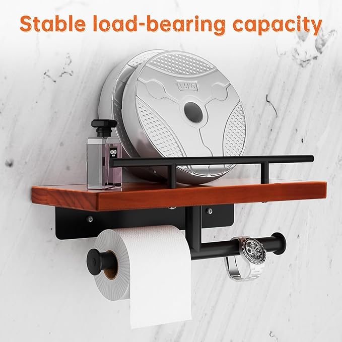 Toilet Paper Holder with Wood Shelf, Wall Mount Toilet Paper Roll Holder with Wooden Shelf and Matte Black Stainless Steel Pipe, Tissue Roll Holder for Bathroom Washroom (Dark Brown, 13.8'' x 5.9'')