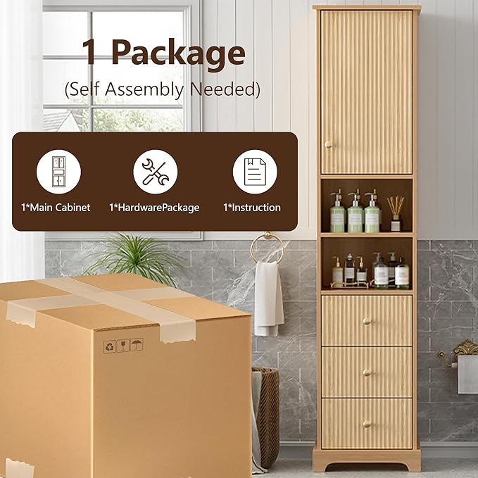 Tall Freestanding Storage Cabinet with One Door & 3 Drawers, Multi-Purpose Organizer with Open Storage and Adjustable Shelf for Bathroom, Office, Living Room, Wood