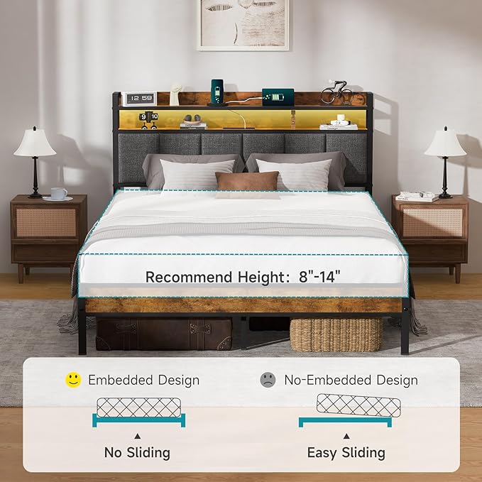Z-hom Queen Bed Frames, Queen Bed Frame with 2-Tier Storage Upholstered Headboard, Metal Platform with USB Charging Station & LED Lights, Noise Free, No Box Spring Needed, Easy Assembly, Vintage Brown