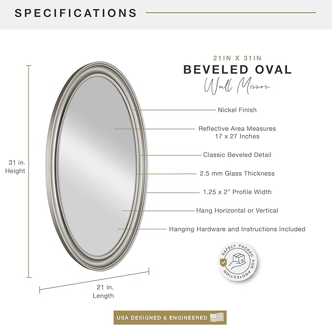 MCS 21x31 Large Wall Mirror, Classic Nickel Oval Mirror, Vertical & Horizontal Wall Hanging Mirror for Bathroom, Bedroom & Livingroom