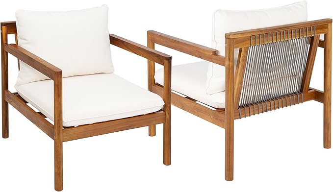 Christopher Knight Home Veera Set of 2 Acacia Wood Lounge Chair Outdoor with Rope Accent, Accent Chair with Water-Repellent Cushions, Comfy Chairs for Garden/Backyard, Patio Furniture, Teak + Cream