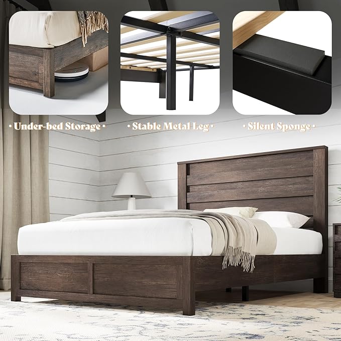 AMERLIFE Farmhouse Queen Size Bed Frame with 49" Fluted Headboard, Wood Platform Bed with Natural Grain, No Box Spring Needed, Noise Free, Grey