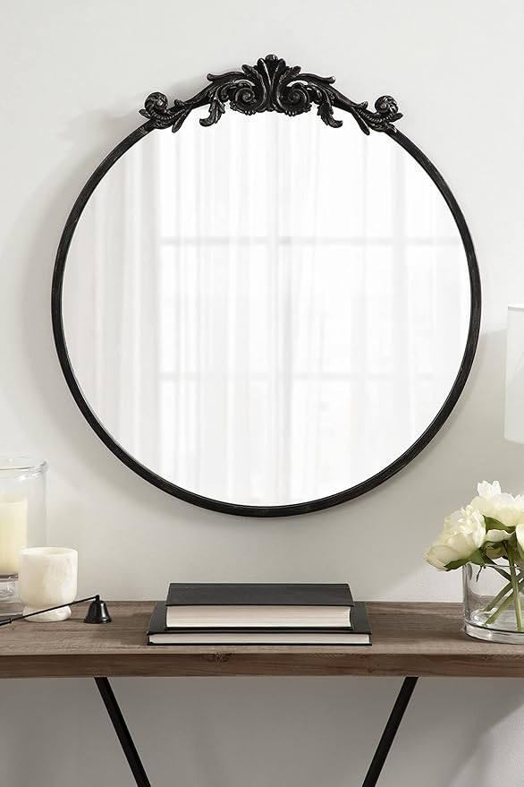 Kate and Laurel Arendahl Ornate Glam Round Mirror, 24 Inch Diameter, Black, Dramatic Baroque Style Wall Mirror for Vintage Antique Inspired Home Decor Aesthetic