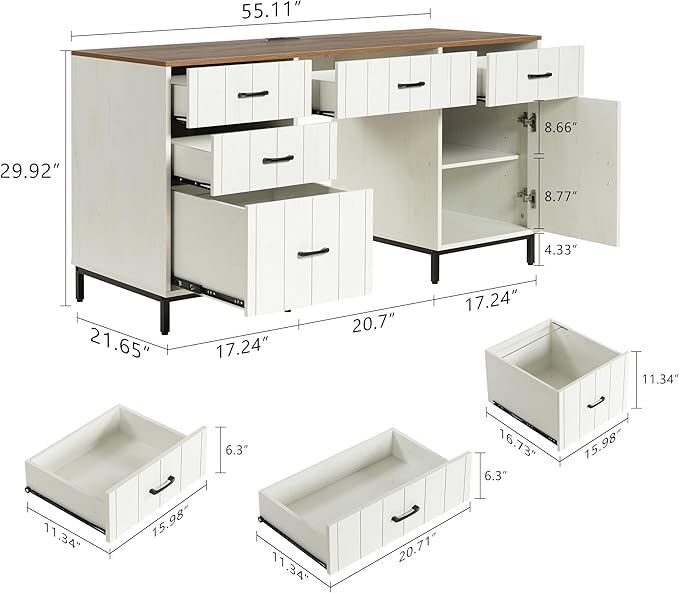 55" Executive Desk, Modern Wood Office Table with Charging Station, 5 File Drawer & 1 Storage Cabinet, Home Computer Writing Desk for Work Study, Living Room, Bedroom (White)