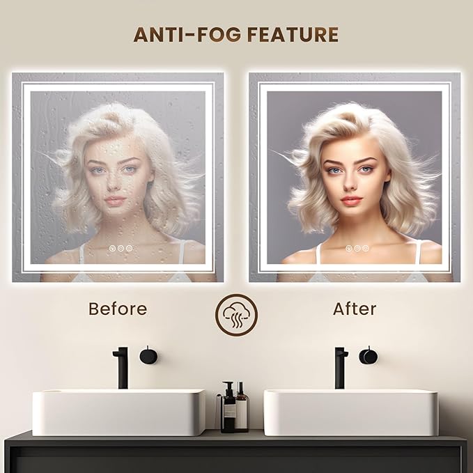 WTTY RGB LED Bathroom Mirror 36"x36" with Backlit and 3 Front Light,Stepless Dimmable LED Mirror for Bathroom,Lighted Bathroom Vanity Mirror for Wall,Anti-Fog,Memory Function,Shatter-Proof