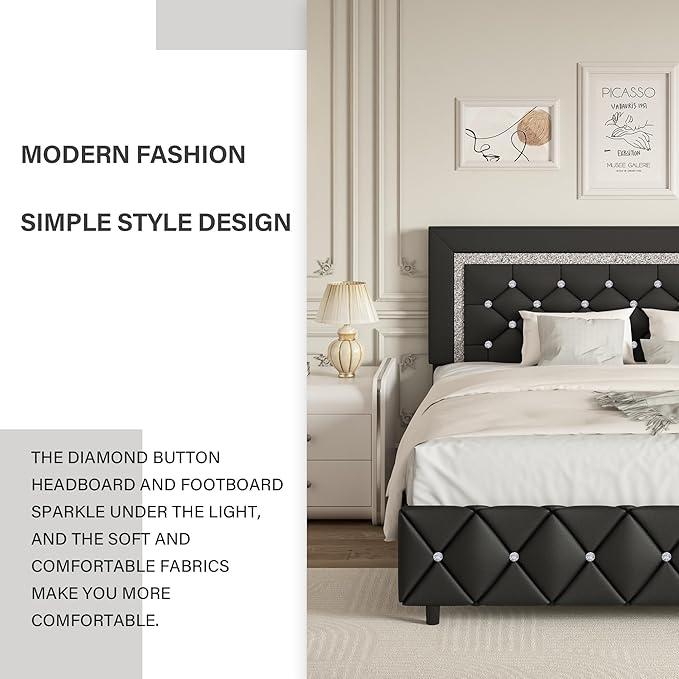 BarnFurin Twin Bed Frame with Headboard, Upholstered Bed with Diamond Tufted Design, Kids Bed Frame with Wooden Slats Support, No Box Spring Required, Easy Assembly, Black