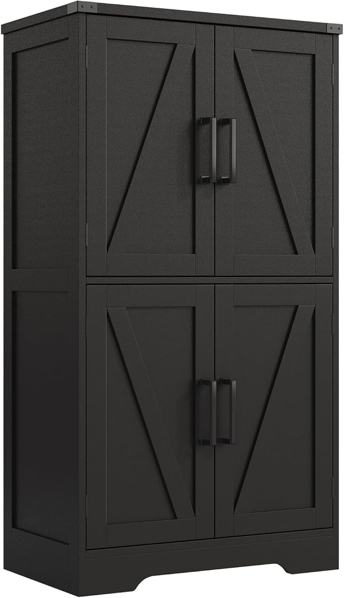 Treocho Bathroom Floor Cabinet, Farmhouse Bathroom Storage Cabinet with Doors and Adjustable Shelves, Freestanding Kitchen Pantry Cabinet, Cupboard for Living Room, Dining Room, Black