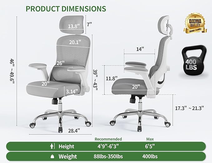 Ergonomic Office Chair - Computer Desk Chairs Comfy, Mesh High-Back Gaming Chair with Adjustable Lumbar Support, Executive Task Chair for Adults, Comfortable for Long Hours (White Grey)