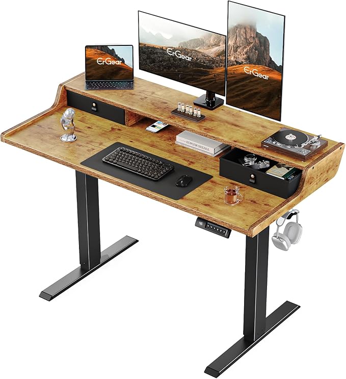ErGear Electric Standing Desk with Drawers, 48″ x 24″ Gaming Table Compatible Monitor Stand, Stand up Desks, Home Office Height-Adjustable Desk with Storage Shelf, 4 Preset Heights, Vintage Brown