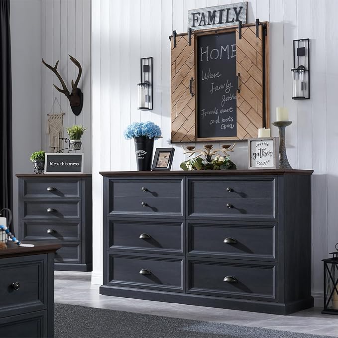 Farmhouse 6 Drawers Dresser for Bedroom, 58" Wide Dresser Chest of Drawers Organizer Storage, Wood Rustic for Closet w/Two Different Drawer Sizes for Living Room, Hallway, Dark Grey