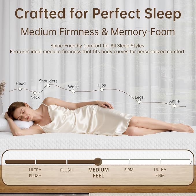TFD Queen Memory Foam Mattress New Version Cool Gel Infused Medium Firm Zoned Pressure Relief for Cooling Sleep Fiberglass Free CertiPUR-US Certified Washable Removable Cover 8 Inch (White)