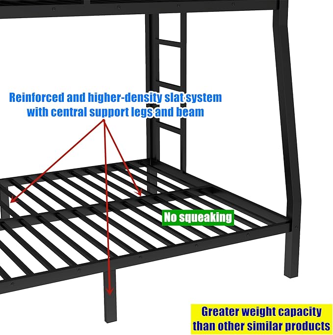 Higher Quality & Stronger Heavy Duty Steel Black Bunk Bed Twin XL Over Queen Size Bunkbed, Thickened More Stable Safer Metal Bunk Queen Bed (Easier to Assemble) (Twin XL Over Queen)