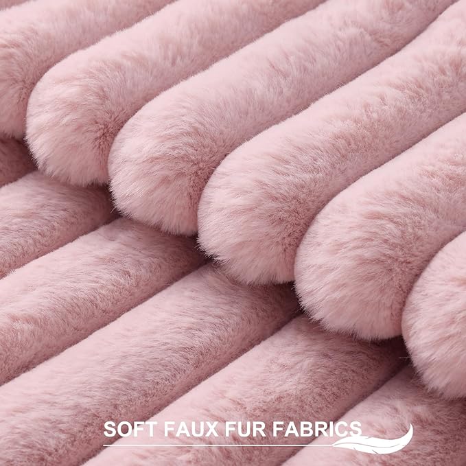 Pallene Faux Fur Plush Lumbar Throw Pillow Covers 12x20 Set of 2, Luxury Soft Fluffy Striped Decorative Pillow Covers for Sofa, Couch, Living Room, Blush Pink