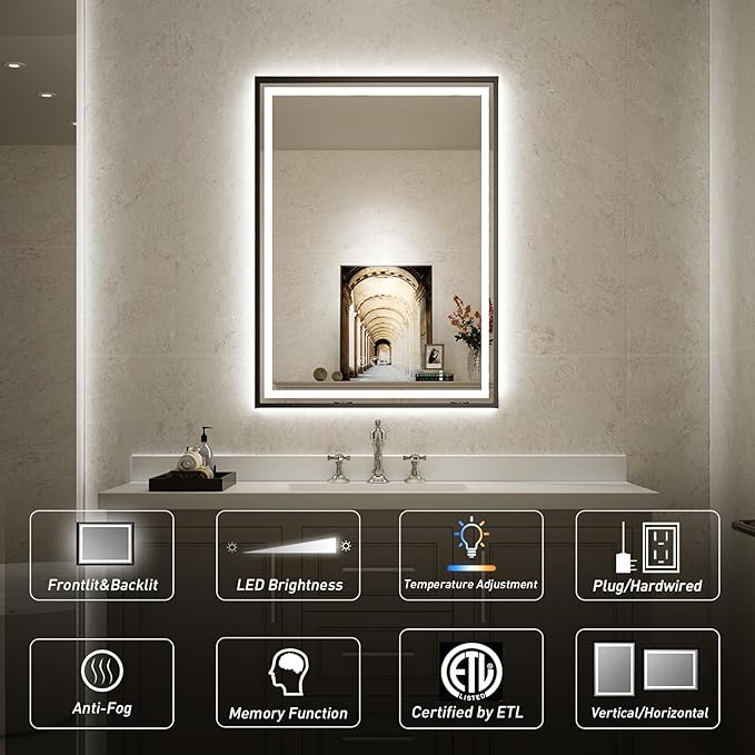 24x32 Inch LED Bathroom Mirror with Lights, Frontlit & Backlit Black Metal Frame Mirror, Wall Mounted Lighted Vanity Mirrors, Double Lights Strips,Anti Fog Dimmable & 3 Colors Temperature